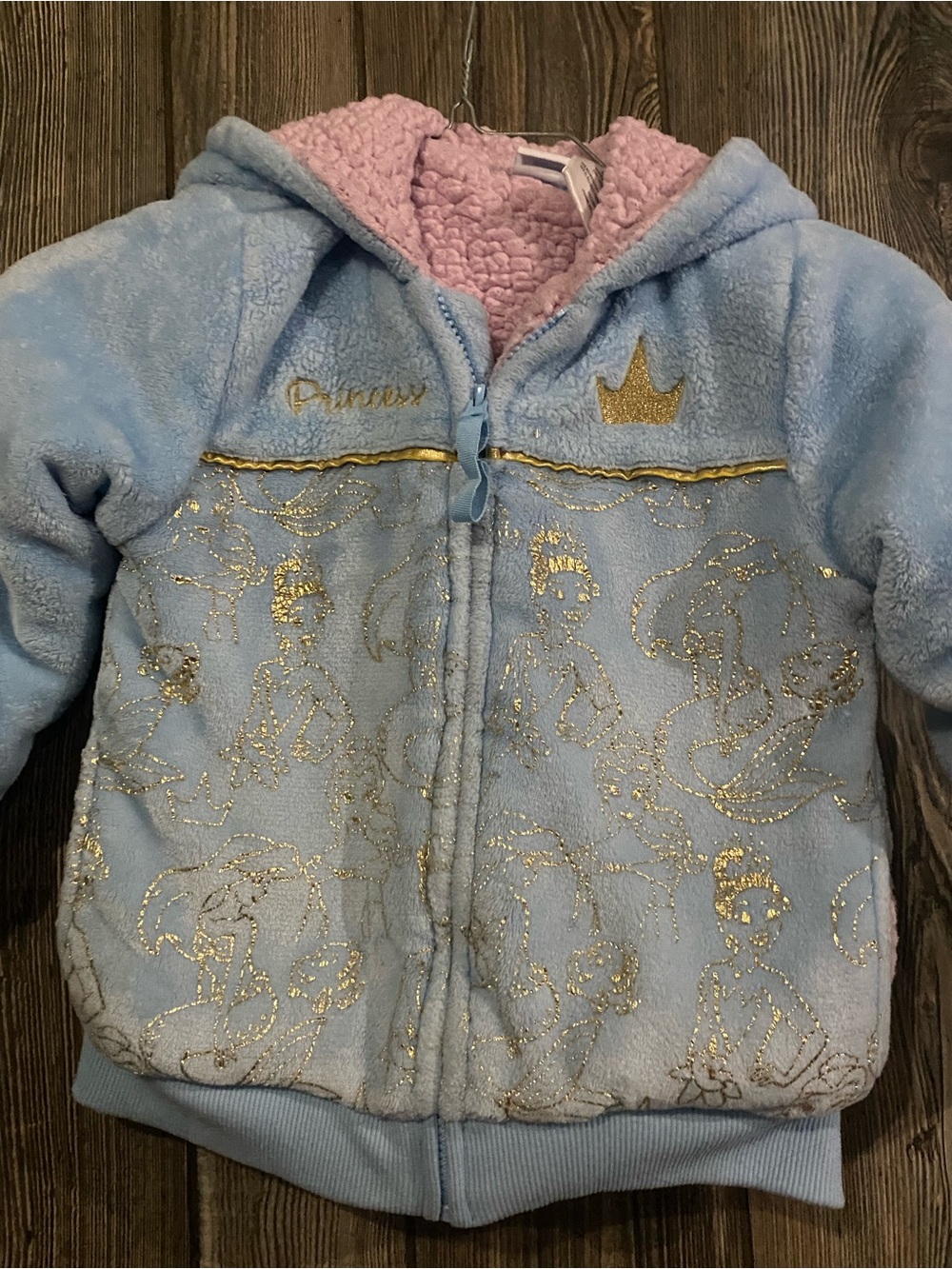 Disney Light Blue Plush Hooded Jacket with Pink Lining and Gold Accents
